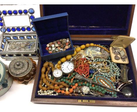 Group of vintage costume jewellery, 1930s silver cased J.W. Benson pocket watch, silver cased fob watch, two coral bead neckl