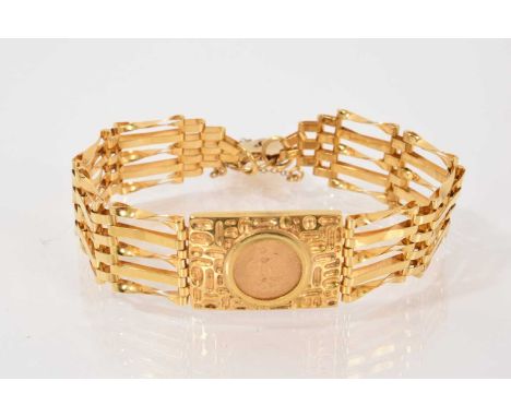 9ct gold gate bracelet set with a 1945 Mexican dos Passos gold coin and a padlock claspWeight 15.2 grams