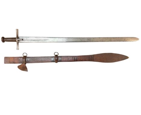 19th century Sudanese Kaskara sword with cruciform hilt, broad tapering double-edged fullered blade in tooled leather covered