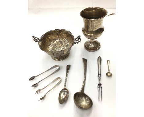 Victorian silver two handled pedestal bowl, silver trophy, Georgian silver ladle and other silver flat wareSilver 389 grams o