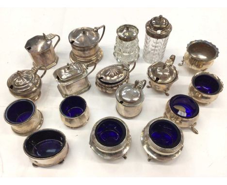Group of silver salts and mustard pots, one lacking blue glass liner, and two silver mounted glass pots, various dates and ma