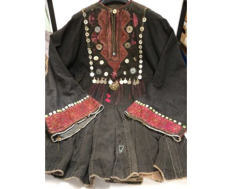 Mid 20th century Pakistani or Palestinian Jumlo wedding dress.Cotton plain weave with fine silk embroidery and metal beads to