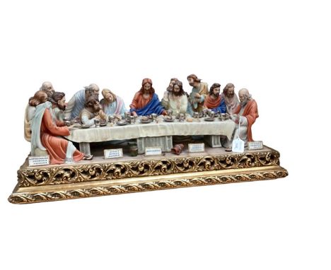 Impressive Capodimonte porcelain figure group - The Last Supper, 83.5cm wide, 34cm highOne plate has become unattached, vario