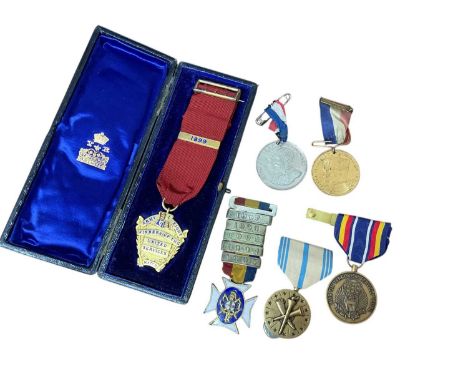 Victorian silver gilt Army eight winners medal in case 1899, hallmarked Birmingham 1899 and a small group of other medals.