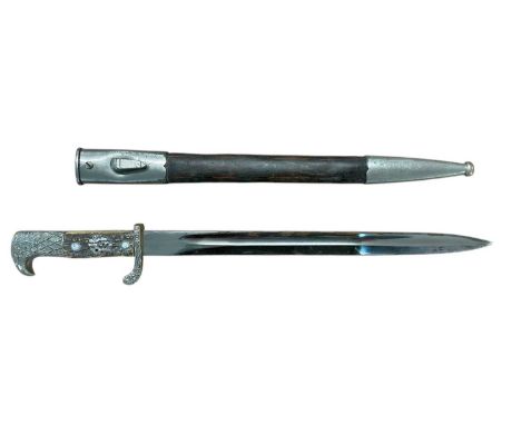 Nazi Police Bayonet, with polished steel blade by Carl Eickhorn, Solingen, two piece horn grip and eagles head pommel, in lea