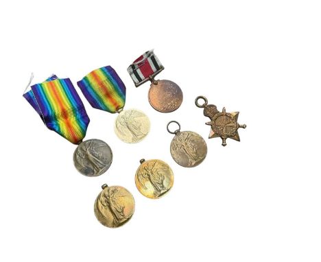 Group of seven First World War Medals comprising 1914 - 15 Star named to 15010 PTE. W. Rumsey. Suff. R., Victory Medals named