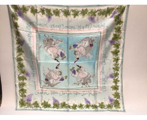 Artist and cartoonist Ronald Searle designed silk scarf, depicting Dionysus / Bacchus God of wine-drinking riding on donkeys 