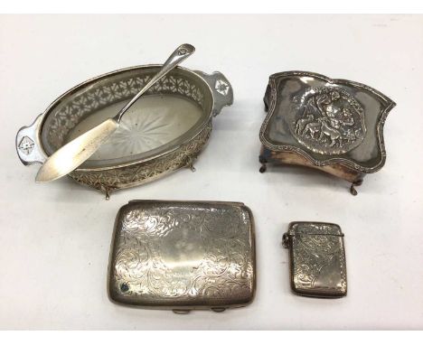 Art Deco silver butter dish with glass liner and matching silver butter knife, Edwardian silver trinket box, silver cigarette