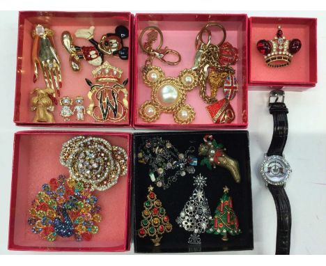 Collection of Butler &amp; Wilson multi-coloured diamanté novelty brooches, Disney Mickey Mouse, two gilt metal keyrings, Chr