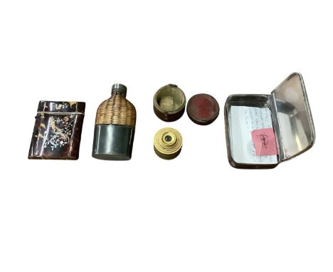 19th century brass spyglass by Dollond London, together with a silver-plated sandwich tin and wicker-bound hip flask, both by