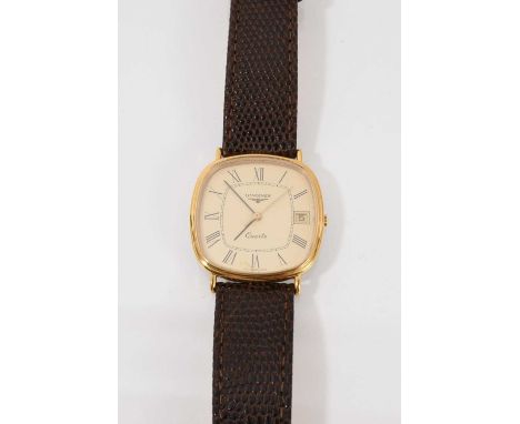 Longines quartz wristwatch with square gold coloured dial, Roman numeral markers and date aperture, in gold plated case with 