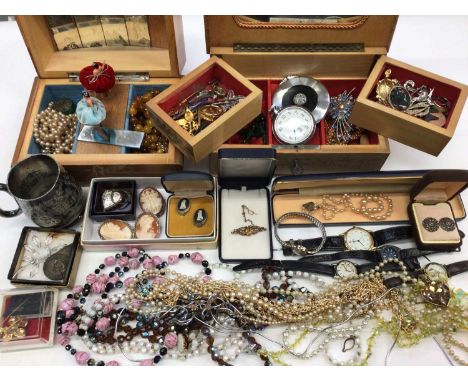 Group of antique and vintage costume jewellery and watches to include an Edwardian 9ct gold citrine and seed pearl bar brooch