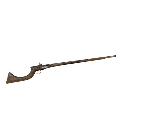 19th century Arab jazel percussion musket with applied brass decoration to stock and barrel, 126cm overall