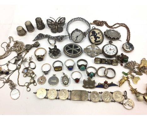 Group of antique and vintage jewellery including silver, marcasite, thimbles, two watches, charm bracelet, gem set rings etc
