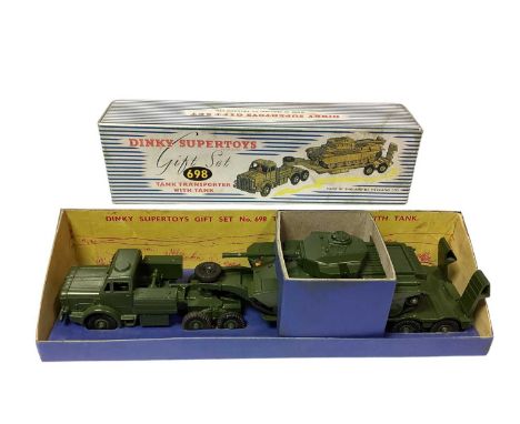 Dinky military models medium artillery tractor No. 689, 10 ton army truck No. 622, gift set tank transported with tank No. 69