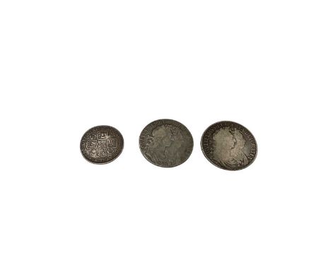G.B. - William &amp; Mary silver Half Crowns 1689 x 2 &amp; George II Roses &amp; Plumes Shilling VG-F (3 coins)