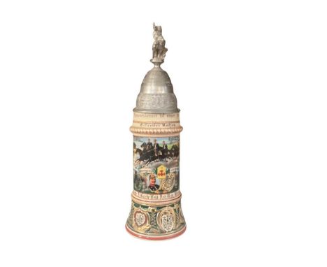 Imperial German military pottery stein with hinged pewter lid with mounted cavalryman and eagle mounts, transfer and painted 