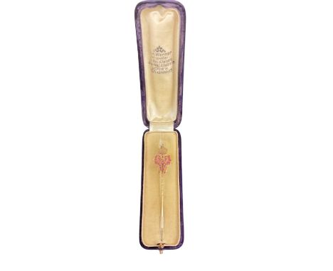Imperial German gold and ruby set Royal presentation stick pin with crowned W cypher in original velvet covered case by J.H. 