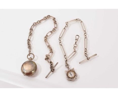 Two silver watch chains, one with an Edwardian silver compass / bloodstone fob and an Edwardian silver sovereign case