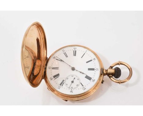 14ct gold cased full hunter pocket watch with a circular white enamel dial, Roman numeral markers and subsidiary seconds in a