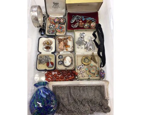 1950s silver bangle, silver plated mesh purse, necklaces, micro-mosaic and other brooches, bijouterie and an art glass perfum