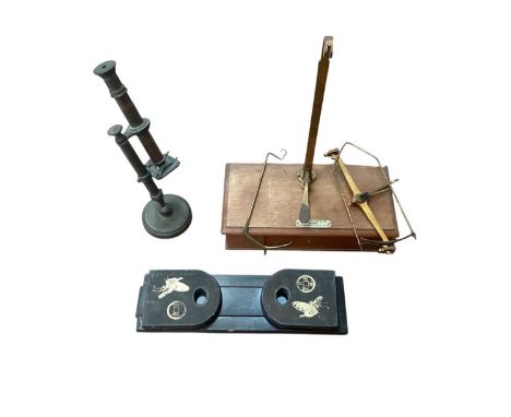 Antique microscope, set of balance scales, and a Chinese Foochow lacquer book slide