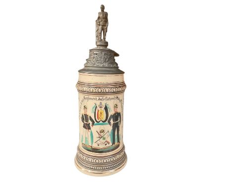 Imperial German military pottery stein with hinged pewter lid with soldier and eagle mounts, hand painted military decoration