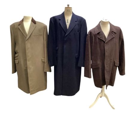 Men's Roderick Charles navy wool overcoat and a wool overcoat with velvet collar. Plus C P Company, Italy Sportswear brown co