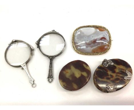 Victorian agate panel in gilt metal brooch mount, two pairs of sterling silver lorgnettes and two tortoiseshell effect foldin