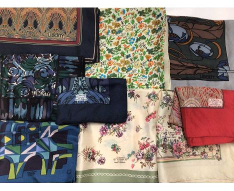 Ten Liberty vintage silk scarves including 1980 Queen Mother's 80th Birthday, William Morris etc, Liberty tie plus 1977 Queen