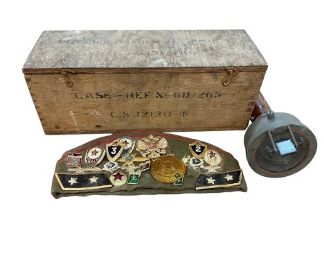 Second World War hand bearing compass with Air Ministry stamp, in pine transit case together with a Soviet military side cap 