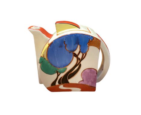 Art Deco Clarice Cliff Fantasque Bizarre 'Blue Autumn' pattern teapot with hand painted decoration, 11cmSmall chip to base of