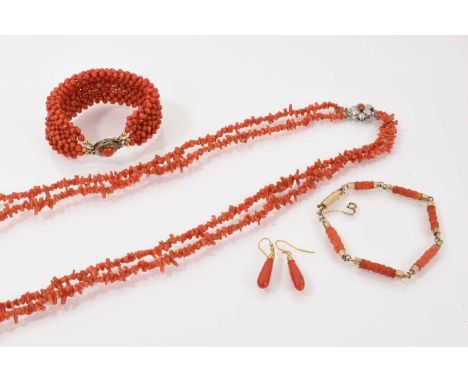 Victorian carved coral and yellow metal mounted bracelet, pair of coral drop earrings, coral bead multi-strand bracelet with 