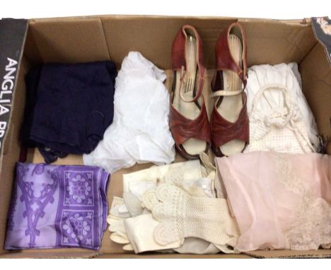 Box of mixed vintage items including frilly housecoat, frilly nighty and other lingerie, cream lace blouse, lizard and suede 