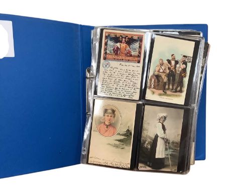 Postcards in blue folder including Worldwide cards comic, Military, topographical, real photographic etc. Plus a box of Polyp