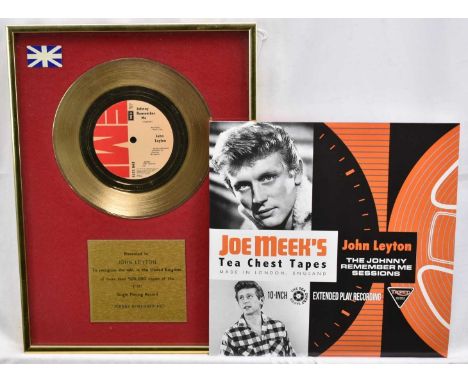 EMI golden disc single awarded to John Leyton for 500,000 sales of his 1961 number 1 hit 'Johnny Remember Me', together with 