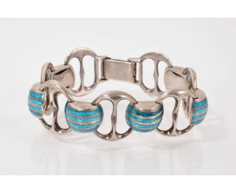 Silver and blue enamel panel and link bracelet, 19.5cm long 