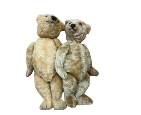 Two vintage mohair teddy bears with glass eyes and stitched nose and velvets pads