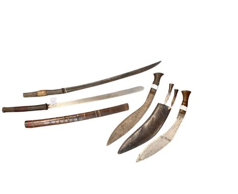 Two 19th century Burmese Dha swords and two kukris (4)  Dha in scabbard 49.5cm in length. Dha without scabbard 53.5cm in leng