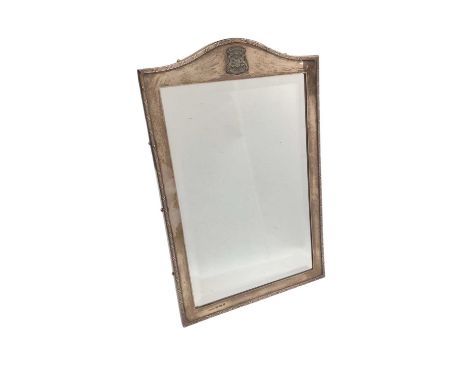 Silver framed easel mirror with applied crest (Sheffield import marks 1968), 36cm x 23.5cm overall