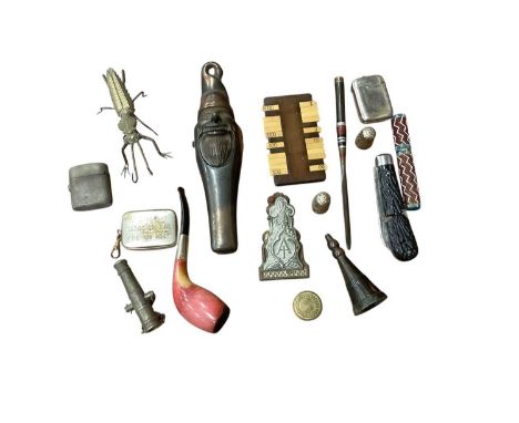 Group of interesting collectables, including vesta cases, whistles, pencils, letter clip, compass, etc