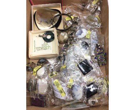 Group of silver mounted semi-precious gem stone pendants, rings, bracelet, mostly new in packets with tags, silver bangle and