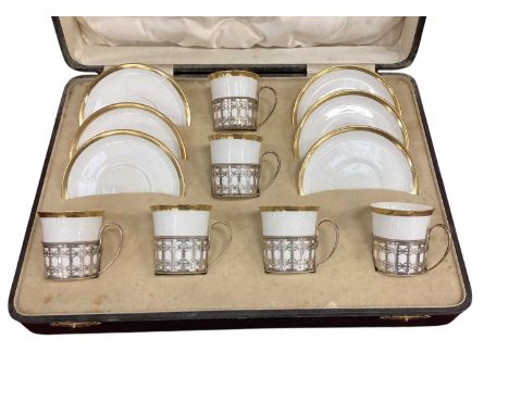 Shelley silver-mounted six-person coffee set in caseAll pieces in very good condition with no chips or cracks