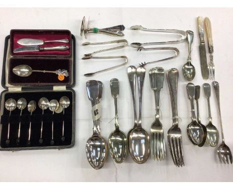 Set of six 1930s silver bean end coffee spoons in fitted case, Coronation 1937 silver teaspoon in fitted case, two pairs of s