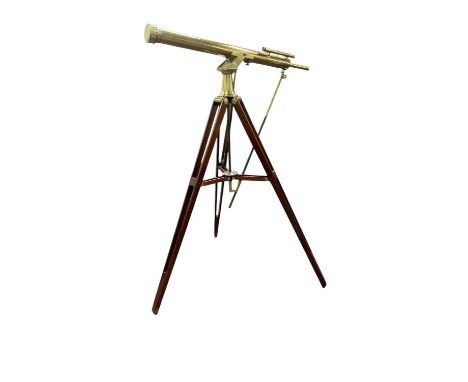 Fine Victorian brass telescope by Watson, on tripod stand, in mahogany case, the tube 109cm long