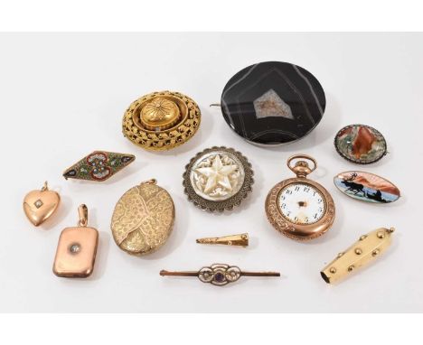 Group of antique and later jewellery including a yellow metal locket set with an old cut diamond, a yellow metal heart shaped