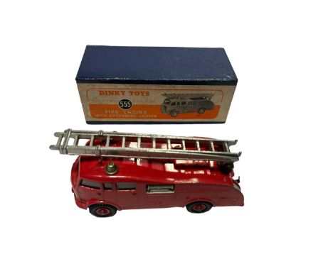 Dinky fire engine No. 555, Guy flat truck No. 512 &amp; a Big Bedford lorry (repainted) all boxed (3)