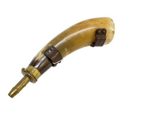 Antique horn powder flask with brass 'Patent' top and leather straps