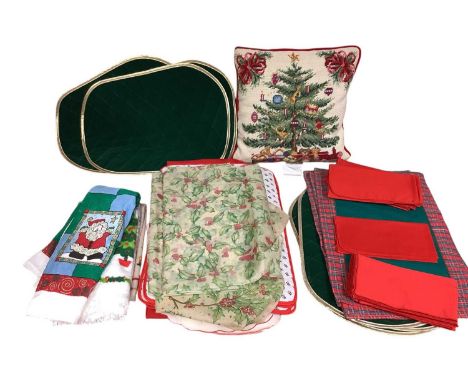 Two boxes of Christmas related table cloths, linen and textiles (2)