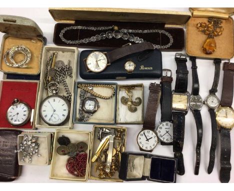 Group of vintage watches and costume jewellery to include two 9ct gold cased wristwatches, Victorian silver pocket watch and 